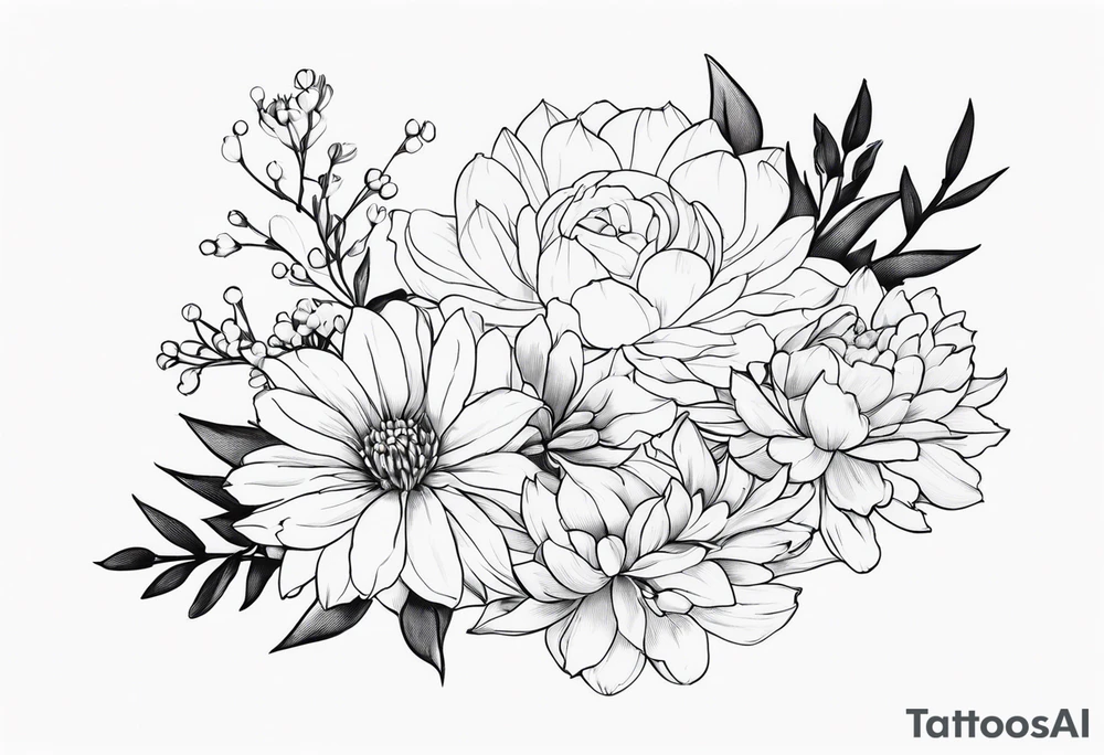 Asters, roses, lily of the valley, and chrysanthemums sleeve tattoo idea