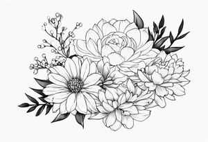 Asters, roses, lily of the valley, and chrysanthemums sleeve tattoo idea