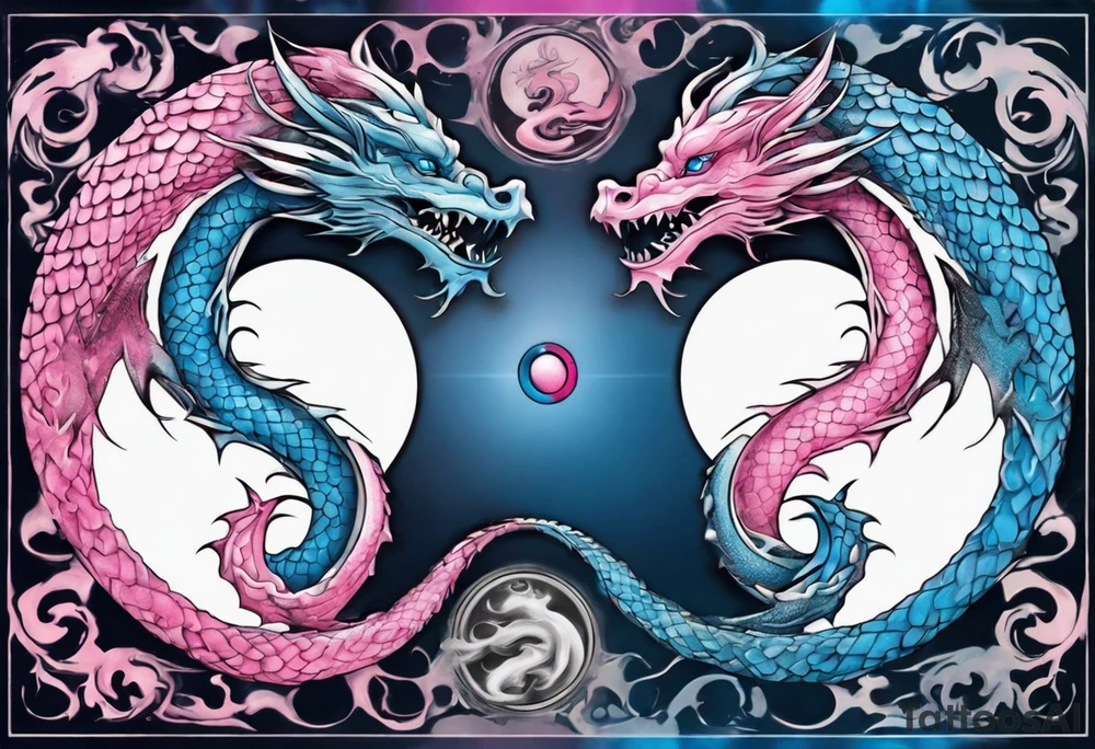 ying yang two dragon stones blue & pink tattoo idea