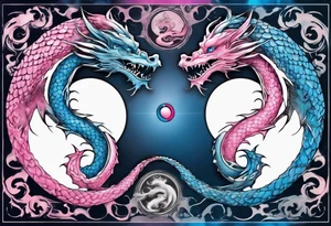 ying yang two dragon stones blue & pink tattoo idea