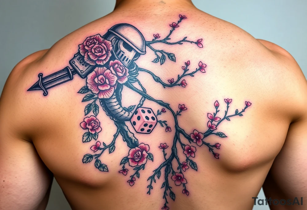 knight and squid intertwined with climbing roses and tree roots with cherry blossoms rolling dice tattoo idea