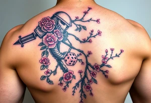 knight and squid intertwined with climbing roses and tree roots with cherry blossoms rolling dice tattoo idea