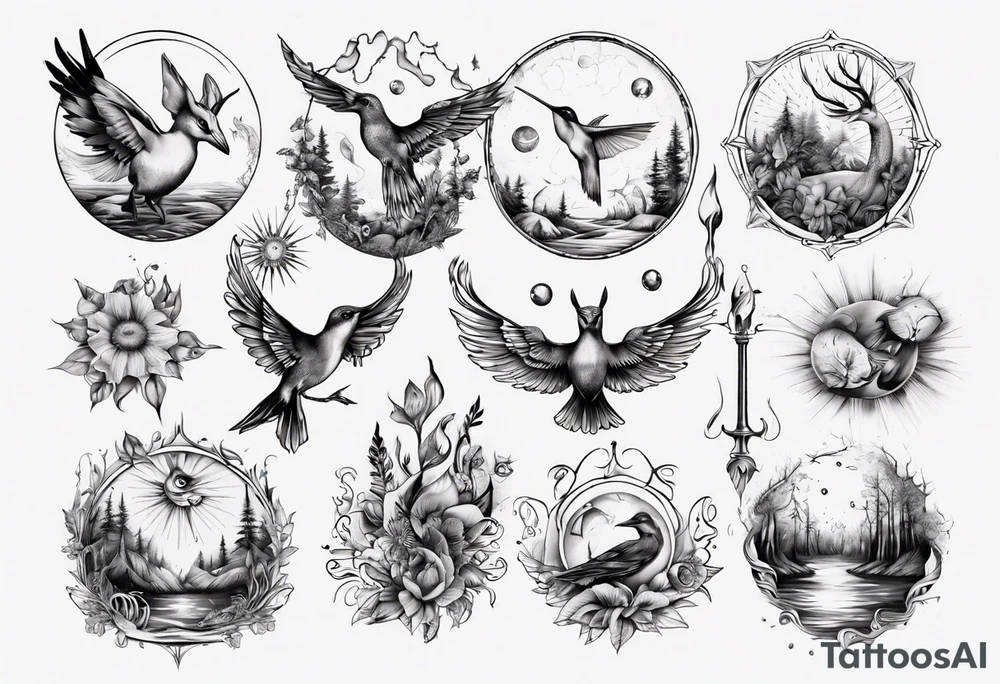 Wasser, Nymphe, Fisch, Hirsch, Wald, Waffe, Sonne, Kolibri tattoo idea