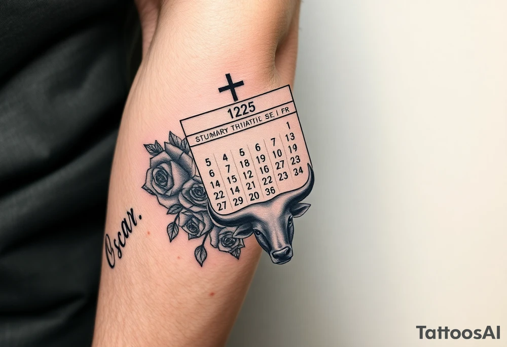 Calendar with the date 12th of April with a cross, roses,  Spanish bull and the name Oscar tattoo idea