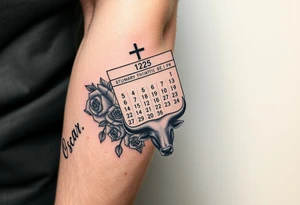 Calendar with the date 12th of April with a cross, roses,  Spanish bull and the name Oscar tattoo idea