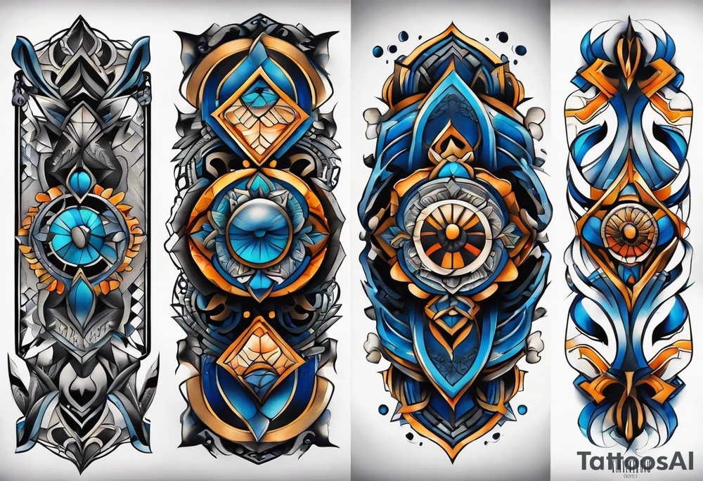 semi Detailed neo traditional knee tattoo flat on paper. The tattoo features geometric patterns and bold lines, creating a visually striking design with slight tints of deep fall colors. outside the tattoo features deep blues washes and water swirls tattoo idea