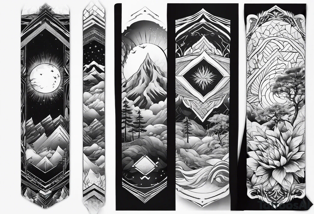 geometric arm sleeve tatoo, with fire and nature tattoo idea