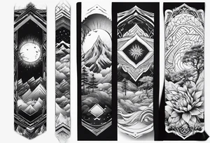 geometric arm sleeve tatoo, with fire and nature tattoo idea