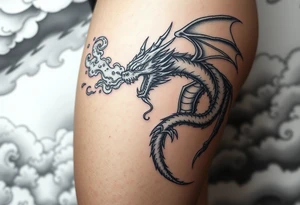 fierce dragon breathing iridescent fire against stormy skies tattoo idea