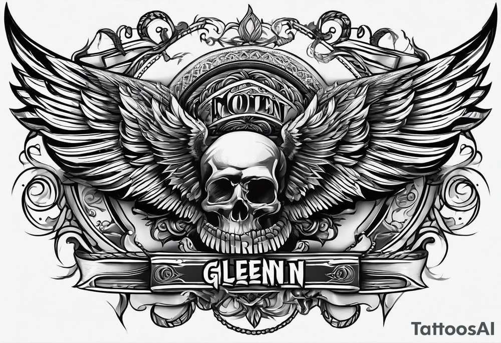Simple tattoo with the word Glenn on a banner and wings tattoo idea