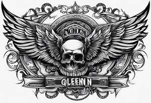 Simple tattoo with the word Glenn on a banner and wings tattoo idea