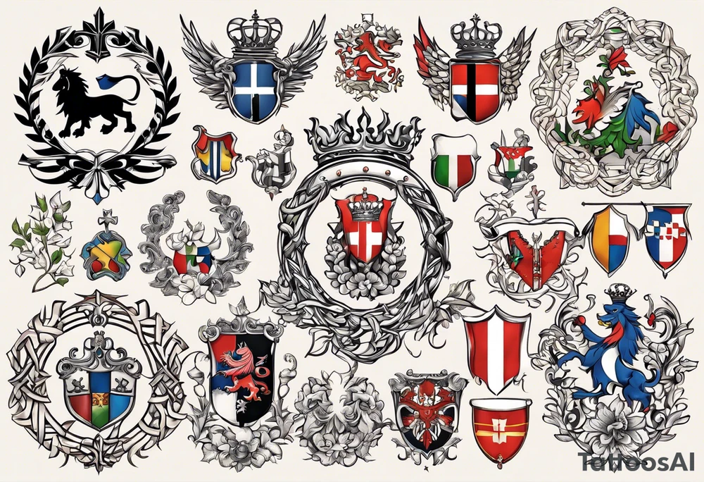 Merge the english, irish, scottish, welsh, german, croatian, serbian, slovak, slovenian, and czech heraldic elements intertwined in a harmonious and elegant manner. tattoo idea.the design should be symmetrical and suitable for a shoulder placement. tattoo idea
