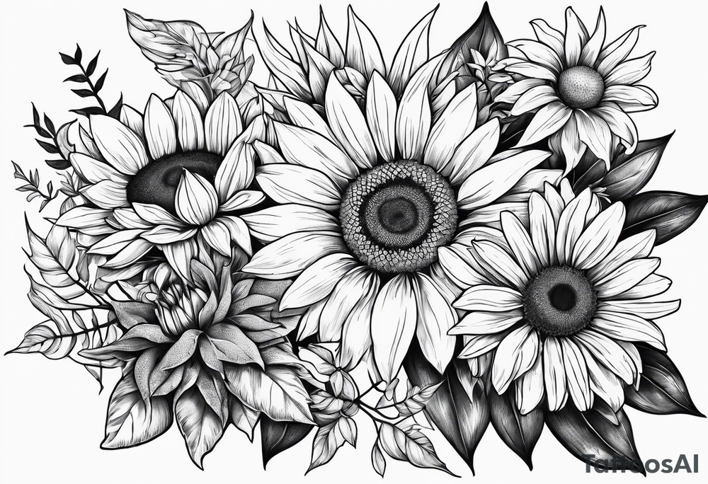 7 leaf pot leaf, daisies, and sunflowers cluster tattoo idea