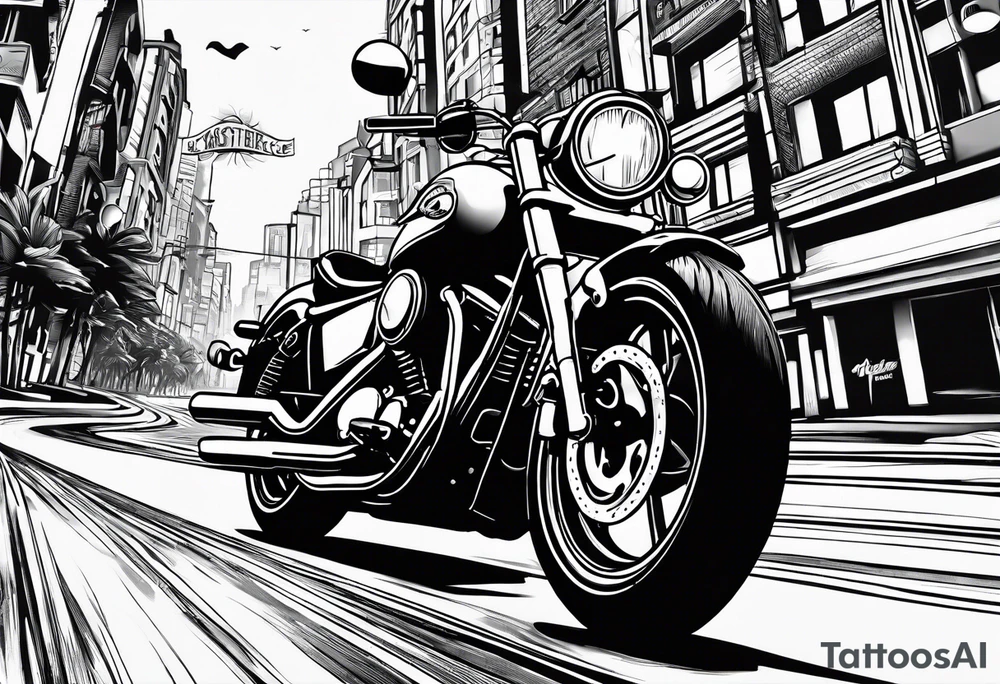 cards fanned over a city with a motorcycle on the road tattoo idea