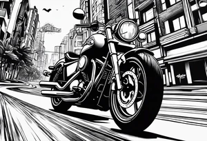cards fanned over a city with a motorcycle on the road tattoo idea
