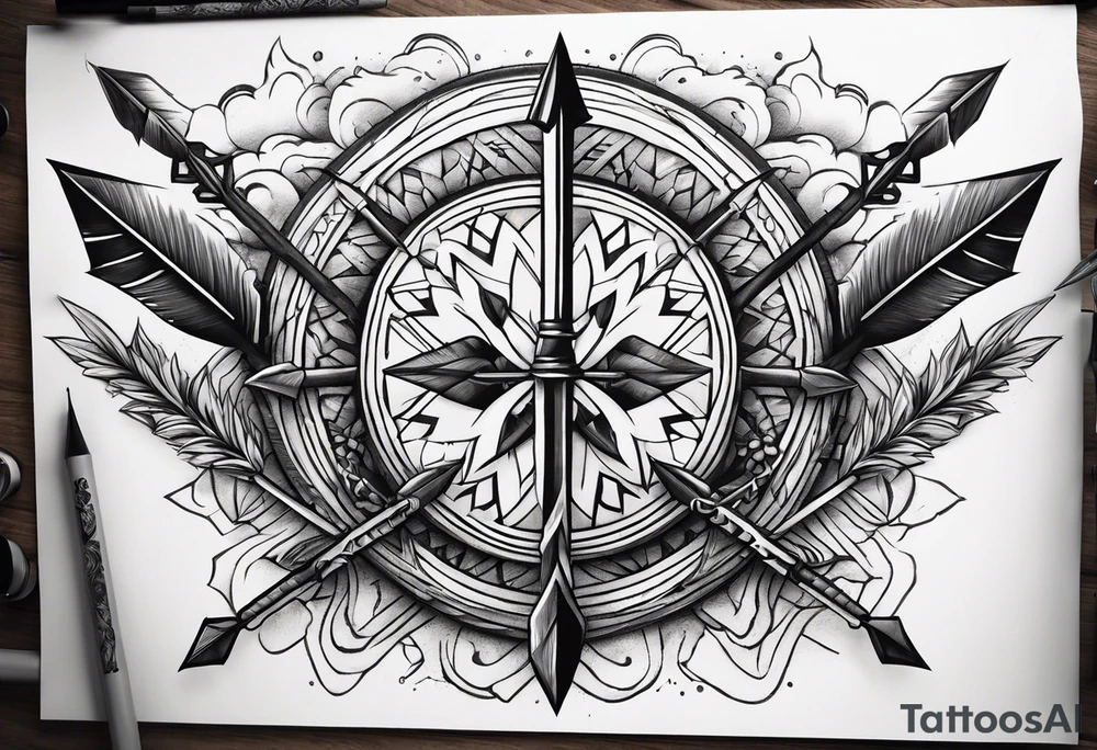 cartoonish style. with three different style of bow arrows crossing each other at the near center of the tattoo. Representing strength and power. tattoo idea