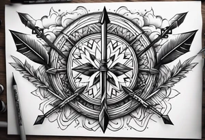 cartoonish style. with three different style of bow arrows crossing each other at the near center of the tattoo. Representing strength and power. tattoo idea