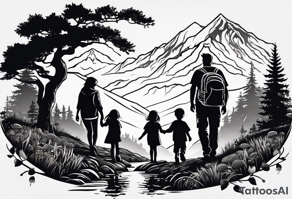 Family silhouette of a father, a mother, oldest son, middle daughter, and small daughter foraging mushrooms with mountains and creek in background tattoo idea