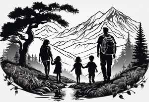 Family silhouette of a father, a mother, oldest son, middle daughter, and small daughter foraging mushrooms with mountains and creek in background tattoo idea
