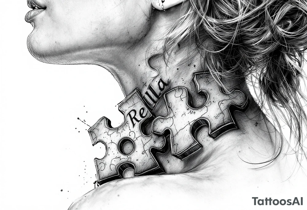 side of the neck puzzle piece tattoo where one of the pieces says Rella tattoo idea