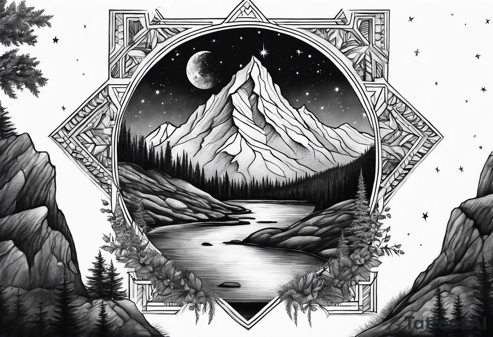 mountains, nature, stars, cross, waterfall, water tattoo idea