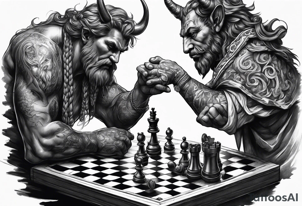 god and demon hands playing chess tattoo idea