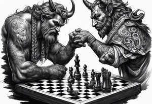 god and demon hands playing chess tattoo idea