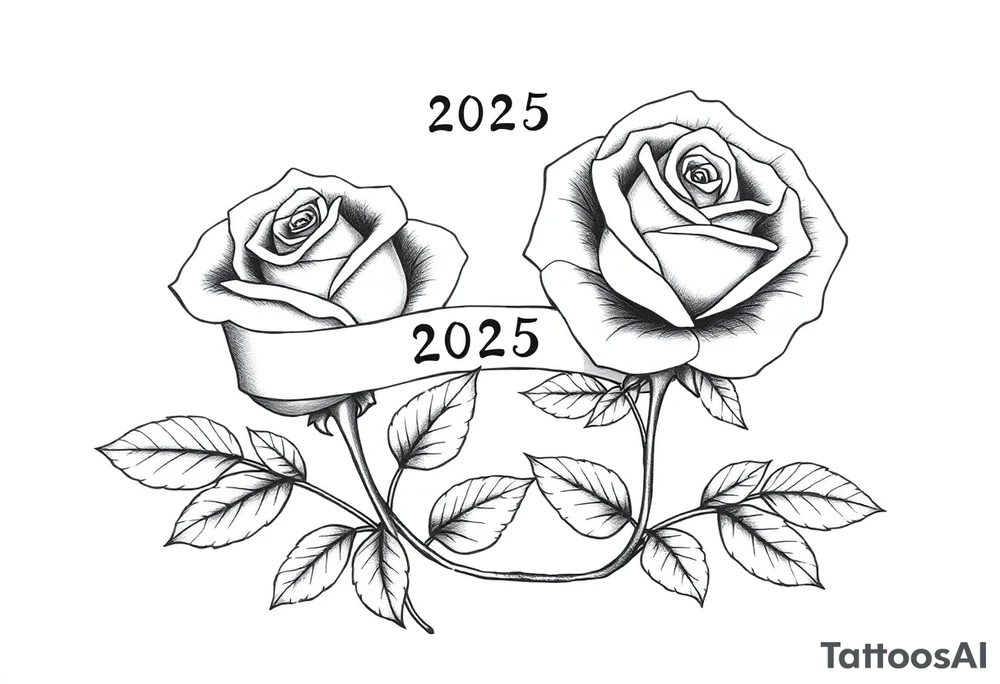 two beautiful large rose buds, one larger than the other, with many leaves next to the rose buds, with one sitting higher than the other. Include a banner connecting the two roses with "2025" on it.  The word "Rose" written in Kanji above the drawing.  Use dark outlines with little shading. The two stems should be short, not long, and connect and join into one stem, whimsically curved or twisted - not straight down. tattoo idea