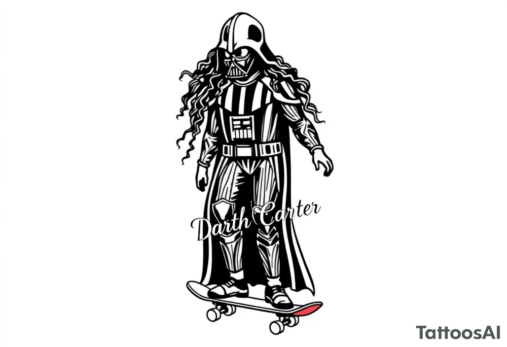 Skateboarding TALL Darth Vader with long curly hair
WORDS in star wars font "Darth Carter"
12/29/88-01/06/24 tattoo idea