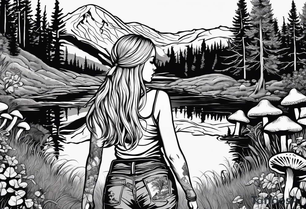Whole picture encircled fully

Straight long blonde hair hippie girl in distance holding mushrooms in hand facing away toward mountains and creek surrounded by mushrooms long sleeve shirt and hiking pants; whole rendering within a full circle, no cut off circle tattoo idea