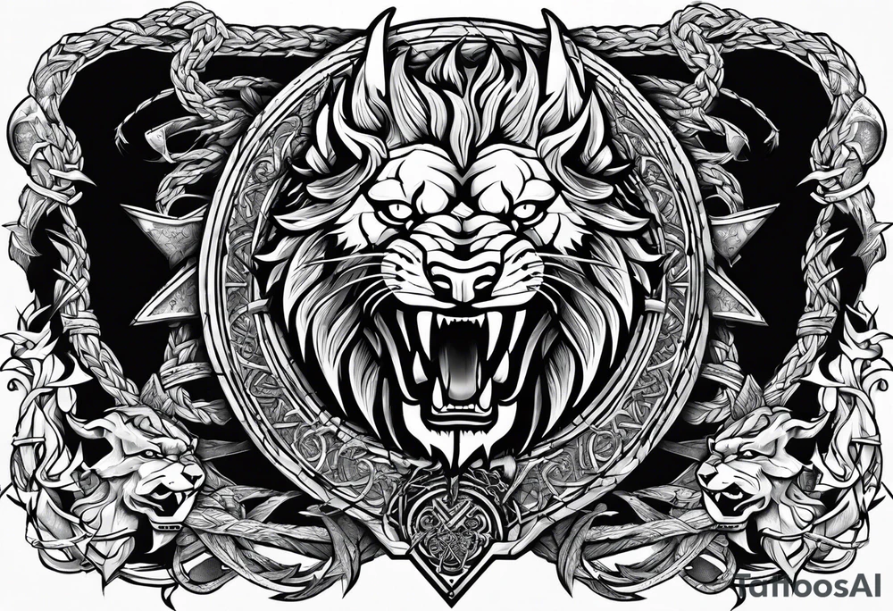 Valhalla sword shield dragon axe Valknut barbed wire chains lion tattoo idea