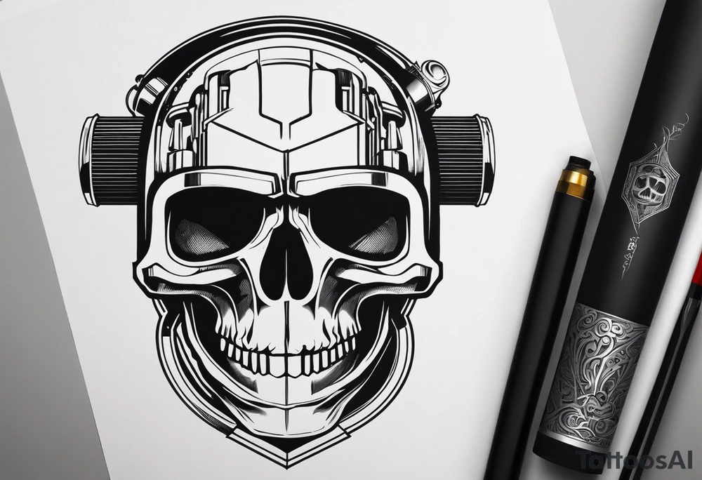 Powerful skull and engine, in this appears a piston and a turbo, also the dseign must be vertical. Also, the desing must be minimalistic not saturated. Remember the vertical design as this will go in my calf tattoo idea