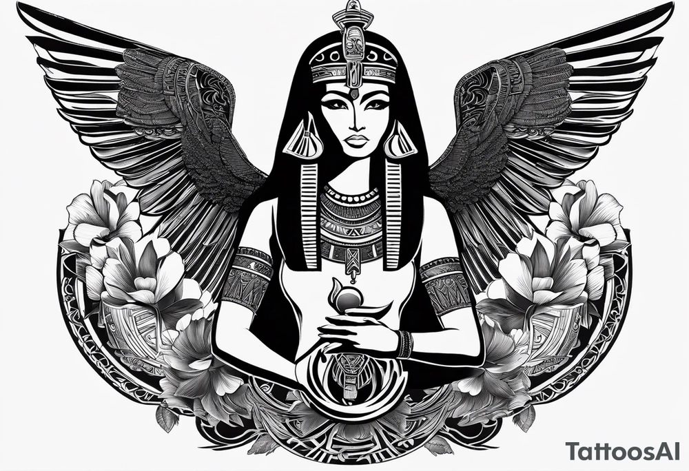 black and white Egyptian goddess Isis, who is often depicted as a woman with outstretched wings, holding an ankh (a symbol of life) in one hand and a lotus flower in the other. Her headdress often includes a throne or a solar disk. The tattoo design can vary in style and size, but it typically aims to capture the essence of this revered Egyptian deity, emphasizing her beauty, power, and maternal qualities. The choice of colors and additional elements can also be customized to create a unique and visually striking representation of the goddess Isis tattoo idea