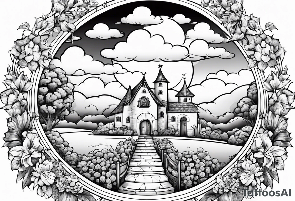 sky medieval town garden small houses gate entrance
in circle vignette surrounded by clouds flowers tattoo idea