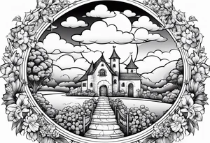 sky medieval town garden small houses gate entrance 
 in circle vignette surrounded by clouds flowers tattoo idea