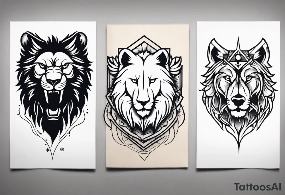 Tattoo of a Lions head, a Wolfs head, and an Eagles head tattoo idea