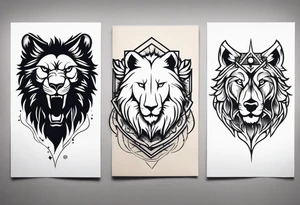 Tattoo of a Lions head, a Wolfs head, and an Eagles head tattoo idea