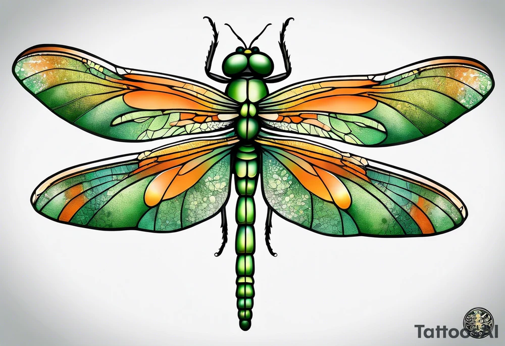 green and orange dragonfly on a twig tattoo idea