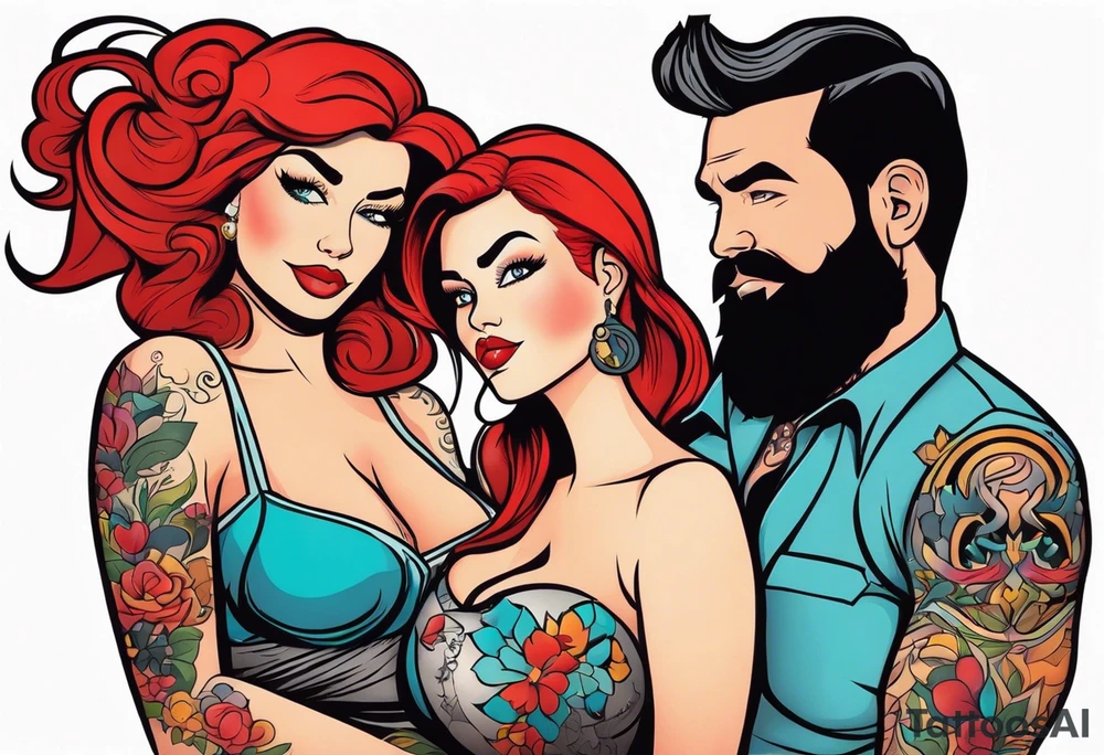Busty Red haired woman with black haired bearded man tattoo idea