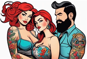 Busty Red haired woman with black haired bearded man tattoo idea