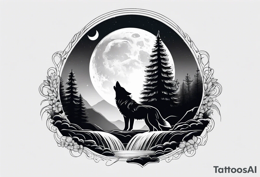 Waterfall with nature and the moon and the a wolf tattoo idea