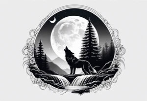 Waterfall with nature and the moon and the a wolf tattoo idea