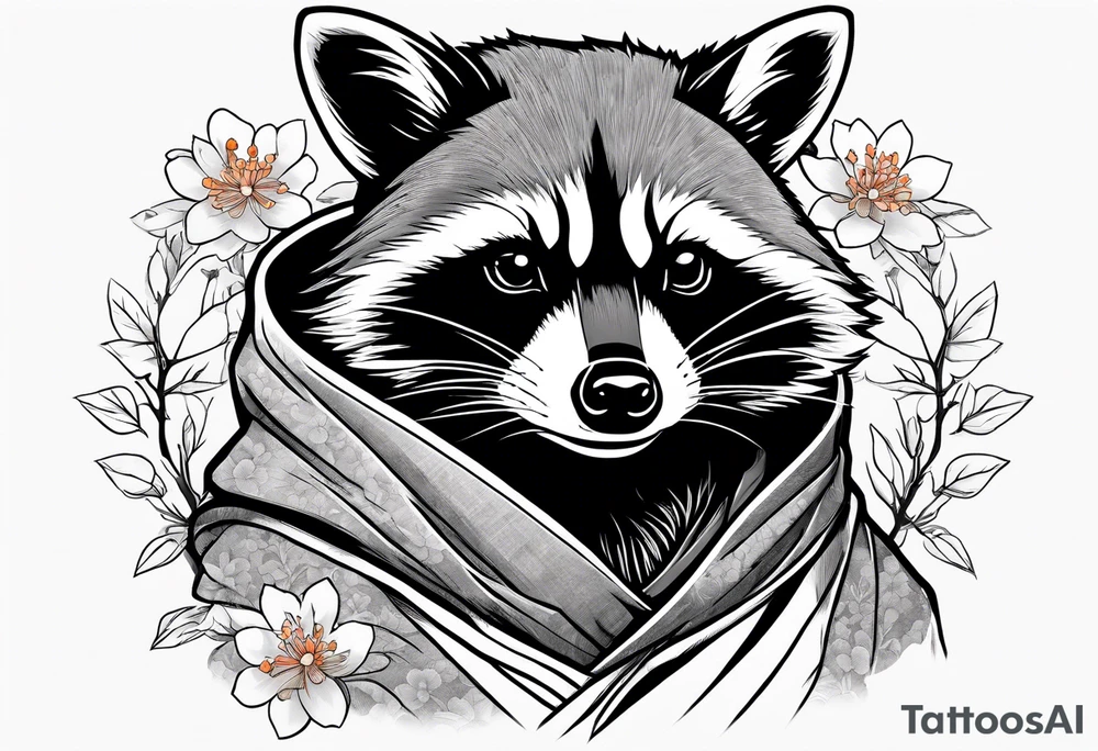 raccoon wearing a Superman hoodie with orange Japanese cherry blossoms tattoo idea