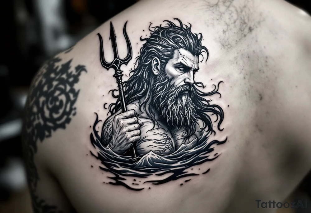 fit poseidon, with trident, in water, looking at the horizon tattoo idea