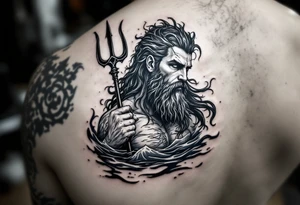 fit poseidon, with trident, in water, looking at the horizon tattoo idea