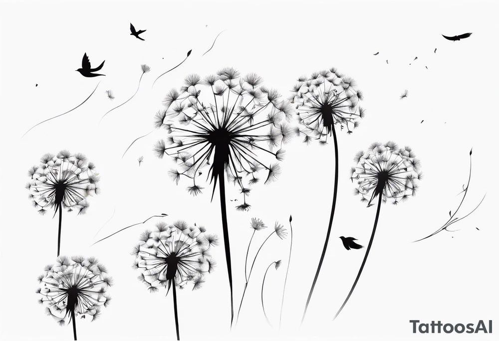 Dandelion with its ligules blowing away, a few legs are tiny hearts, the girls turn into a little bird, flying away to its future tattoo idea