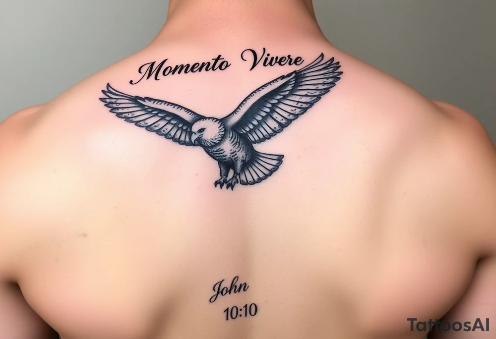 realistic eagle in flight, the words Momento Vivere above eagle and John 10:10 below tattoo idea