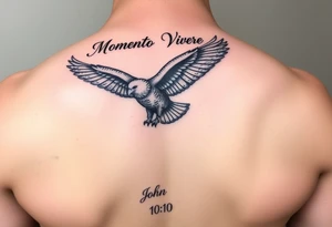 realistic eagle in flight, the words Momento Vivere above eagle and John 10:10 below tattoo idea