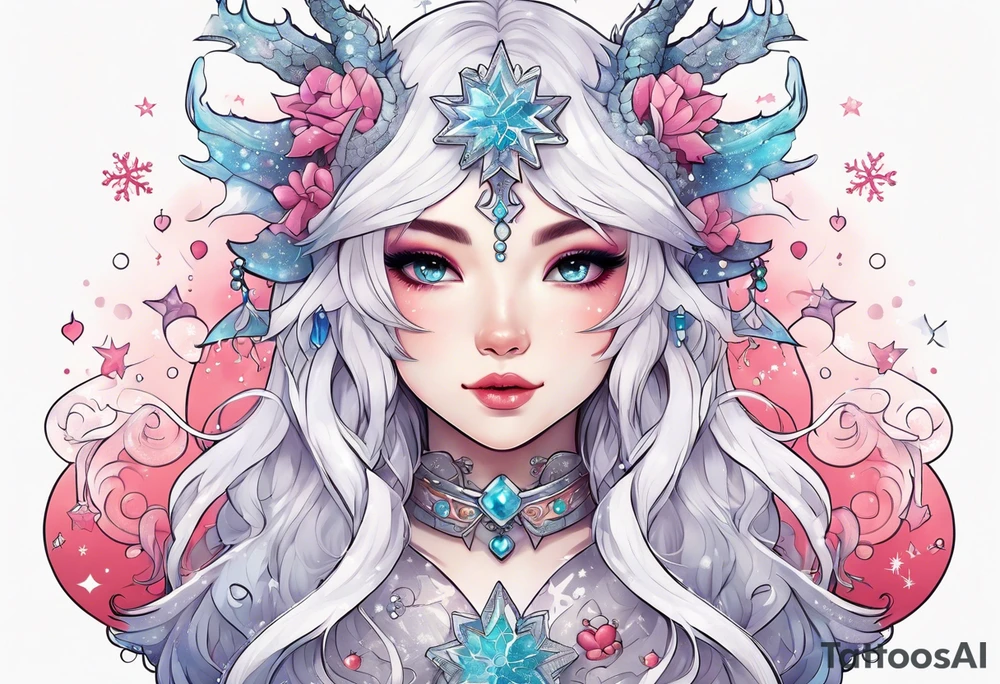 Constellation, kawaii dragon girl , snowflake tattoo idea