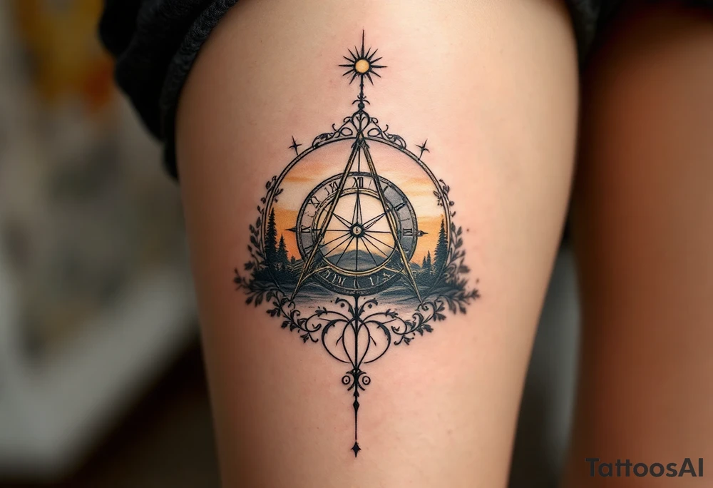 A vintage sundial bathed in a soft sunset glow, symbolizing how time is measured differently in every era. tattoo idea